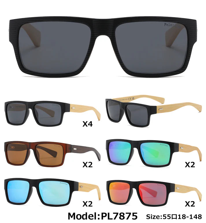 PL 7875 Gafas de sol polarizadas con marco rígido rectangular y parte superior plana de bambú