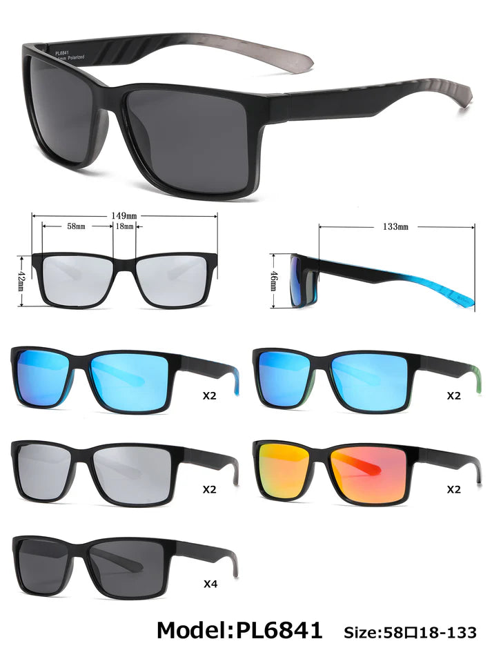PL 6841 Gafas de sol deportivas rectangulares polarizadas para hombre de plástico con lente espejo de color
